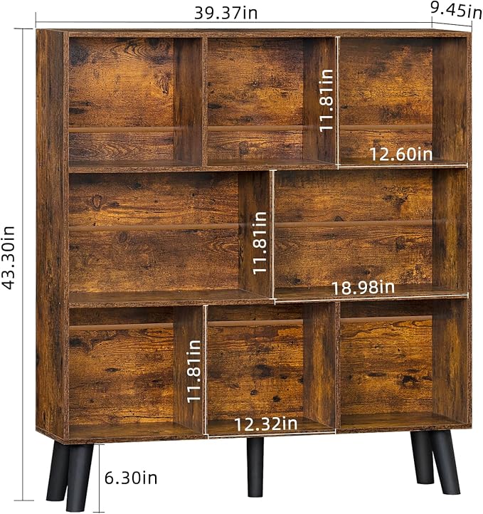 LEYAOYAO 8 Cube Bookshelf, Mid-Century Modern Book Shelf with Legs, Brown | 3 Tier Bookcase, Rustic Wood Bookshelves Freestanding Large Storage Organizer, Open Shelves for Bedroom, Living Room, Office