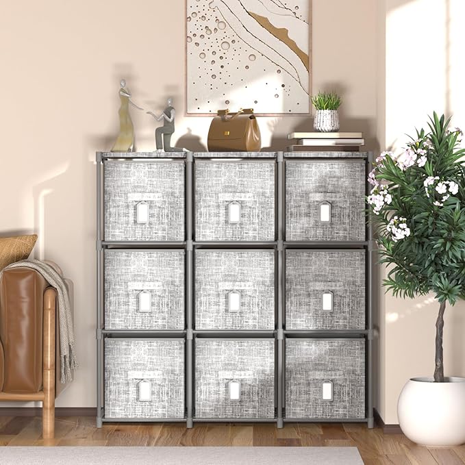 9 Cube Closet Organizer + 9 Bins + Labels | Adjustable Modular Storage Shelf, Beautiful Printed Cubby Organizer, Large Capacity, Living Room, Dorm, Yarn