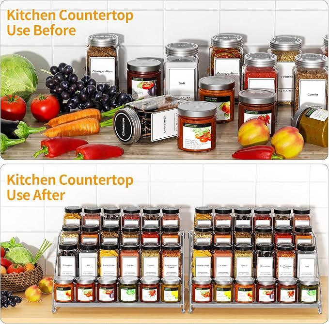BOIVSHI 4 Tier Spice Rack Organizer for Cabinet, Spice Rack Organizer, Depth Adjustable Spice Organizer for Cabinet, Countertop, Cupboard, Pantry, Seasoning Shelf, Metal, Gray (2 Pack)