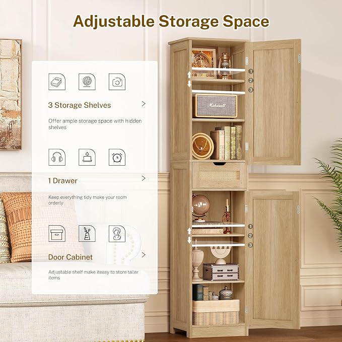 67" H Tall Storage Cabinet with 2 Rattan Doors and 1 Drawer, Narrow Rattan Cabinet with Adjustable Shelves, for Living Room, Entryway, Kitchen, Natural