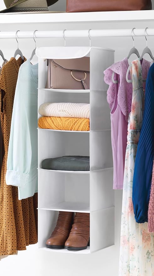 Whitmor 5 Tier Shelf Hanging Closet Organizer, Hanging Shelves with 2 Sturdy Metal Hooks,Foldable(White)