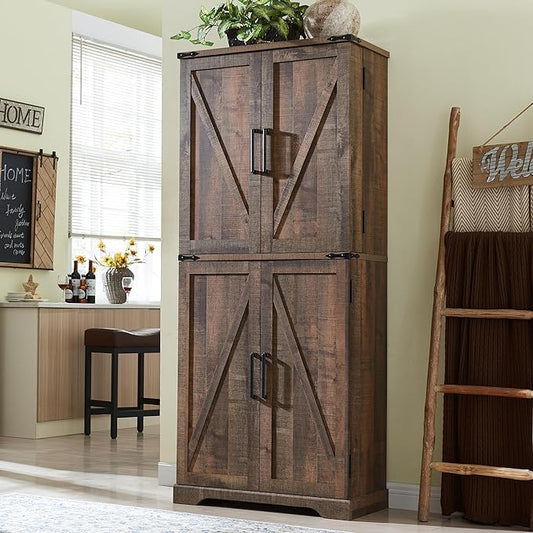 72" Tall Wooden Pantry Storage Cabinet with Door Shelves & Drawer | Farmhouse, Barn Doors, Adjustable Shelves, Freestanding, Anti-tip Kit, for Kitchen, Dining Room, Living Room