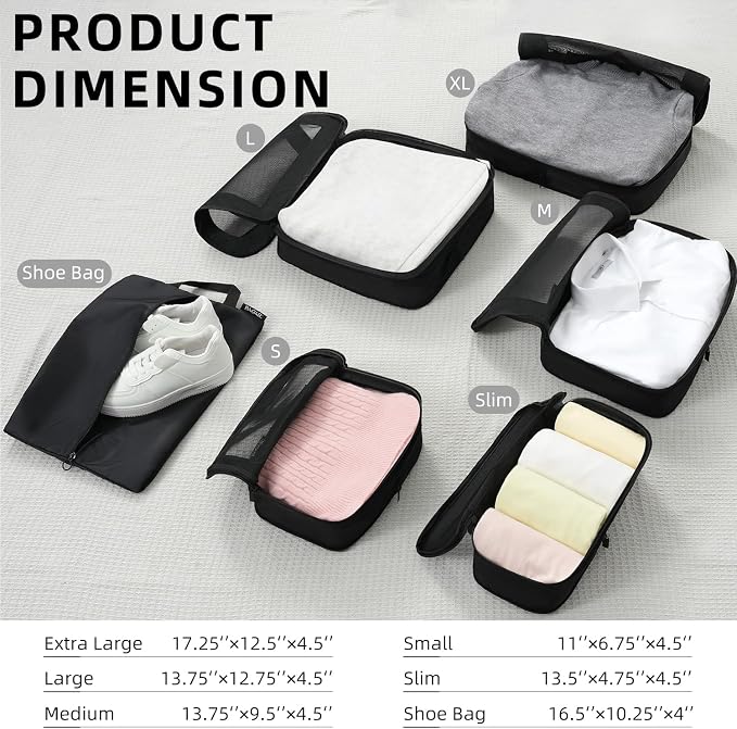 BAGAIL 4 Set/6 Set/8 Set Compression Packing Cubes Travel Accessories Expandable Packing Organizers (Square Mesh, 05-Jet Black)