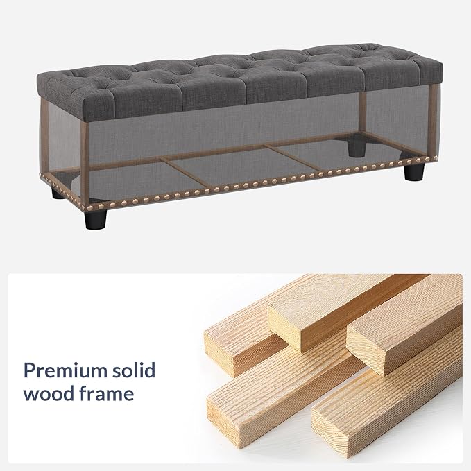 BELLEZE Storage Ottoman, Tufted Ottoman with Close Hinge, Foot Rest for Living Room (Dark Gray, 47 inch)
