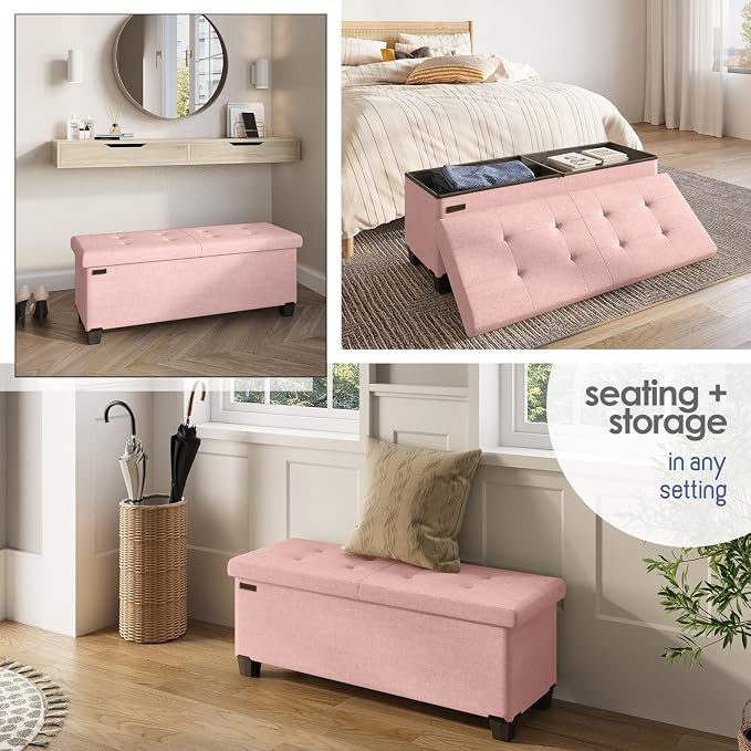 Storage Ottoman Bench with Bins, 43-in Storage Bench for Bedroom End of Bed, Folding Foot Rest Ottoman for Living Room Max 660lbs, Fabric Ottomans, Pink
