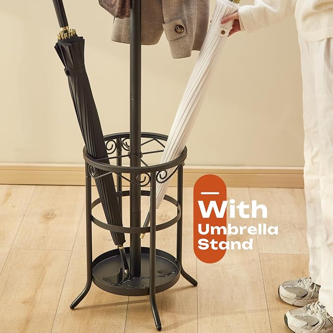 GHWIE Freestanding Coat Rack Stand with Umbrella Holder and Hat Hanger Organizer Rack