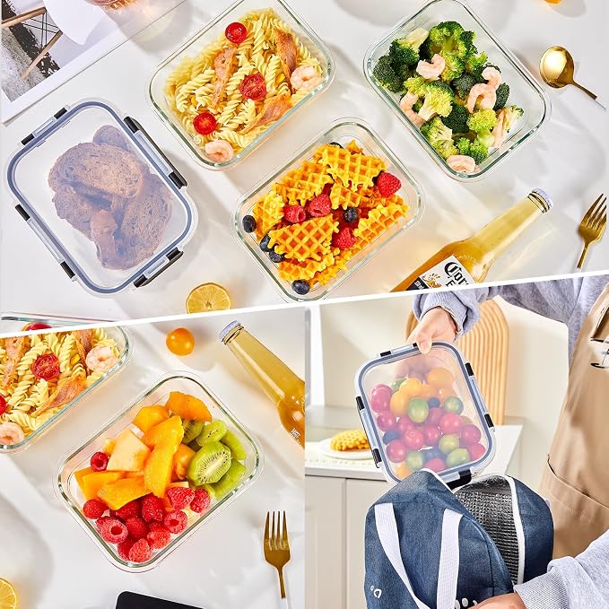 Liuruiyu 10 Pack 21.6oz Glass Food Storage Containers with Lids, Meal Prep Containers, Airtight Bento Boxes with Leak Proof Locking for Microwave, Oven, Freezer and Dishwasher, BPA Free