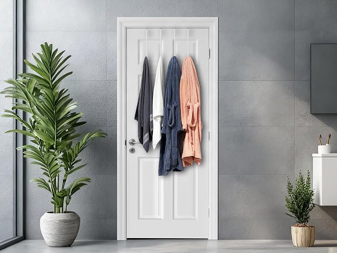 Single Extra Long Over Door Steel Hooks 4 Pack Fit 1-3/8" Door 14.2" White | Plastic Coated Rubber Feel Towel Rack Robe Coat Shoe Wreath Hanger No Damage No Scratch for Bathroom Heavy Duty Thin Top