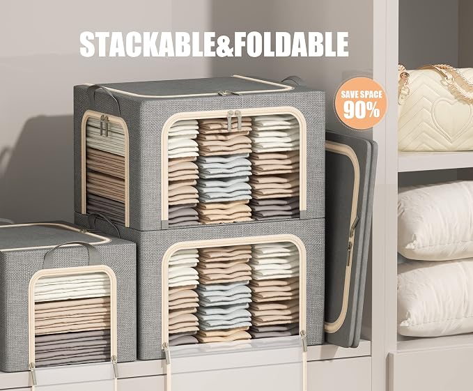 3 Opeings Large Clothes Storage Bins with Metal Frame, Foldable Storage Bin for Clothes, Clothing Storage Bins with Lid, Linen Storage Box With Clear Window＆ Zippers＆ Handles.(3 Pcs,Light Grey,66L)