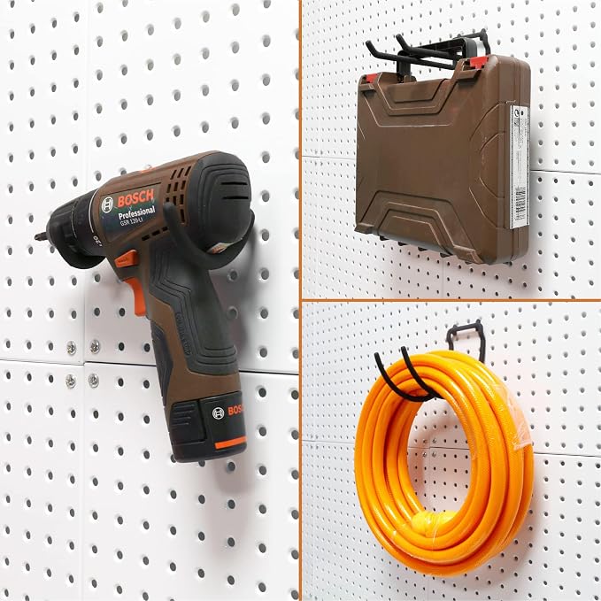 HUHOLE 24 Pack Pegboard Drill Holder Tool Hooks for 1/4 Inch Pegboard | Utility Hooks with 20 lb Capacity for Power Tools, Drills, Hammers, Cords, Hoses, Brooms and Shovels