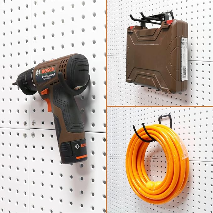 HUHOLE 8 Pack Pegboard Drill Holder Utility Hooks for 1/4 Inch Pegboard | Tool Holders with 20 lb Capacity for Power Tools, Hammers, Cords, Hoses, Shovels, Brooms and Garage Storage