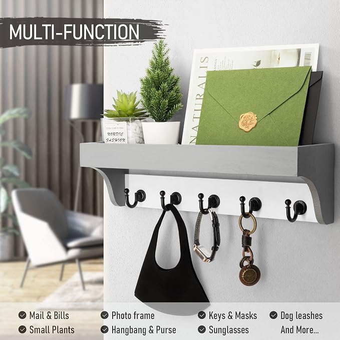 Rebee Vision Key Holder Wall Mount with Shelf for Home Decor, Gray & White | 5 Hooks, Modern Key Holder for Wall, Floating Shelf, Plant Display, Key Hanger for Wallets, Apartment Essential, House Decor
