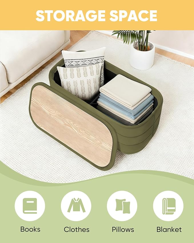 B FSOBEIIALEO Velvet Storage Ottoman with Tray, Folding Ottoman with Storage Coffee Table Shoes Bench for Dorm Room, Living Room Olive, 30"x15"x15"