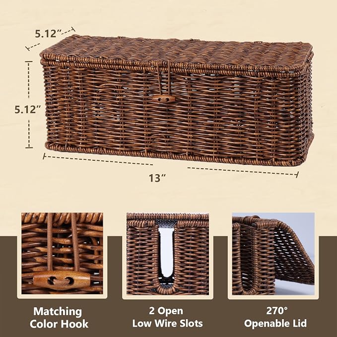 BROWNLILY Cable Management Box, Rattan Style Cord Organizer for Desk Cord Hider Outlet Covers for Power Strip TV PC Router Charger Under Desk Storage with Lockable Lid and Cable Ties