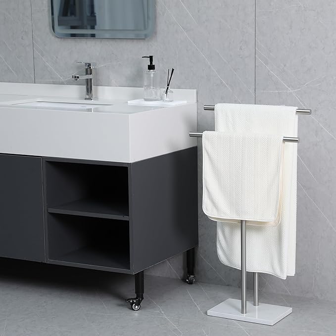 Free Standing Towel Rack for Bathroom - Brushed Nickel Finish - Stand Alone 2 Tier Stainless Steel Towel Rack for Bathroom Floor with Heavy Marble Base, Double T Shape Drying Stand for Towels