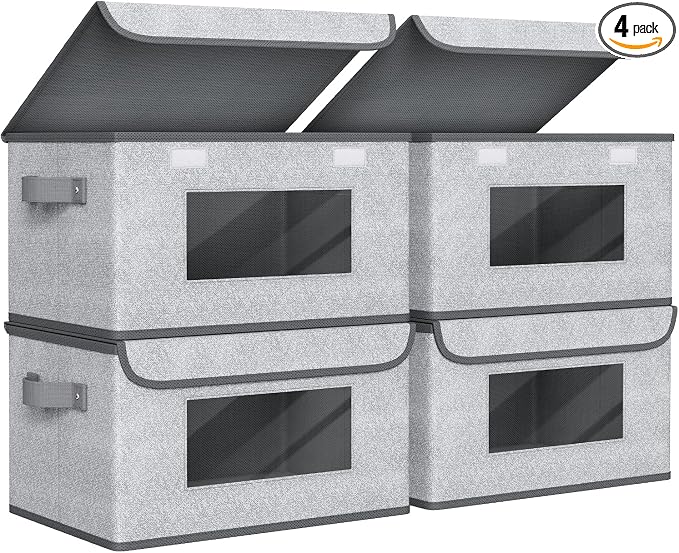Univivi [4-Pack Fabric Storage Boxes Collapsible Storage Bins with Lids and Handles Cube Organizer Basket for Home, Closet, Bedroom (Gray, 14.4''x10''x8.3'') | Closet Storage Bins with Handles & Window, Collapsible Closet Organizers and Storage Cubes f...