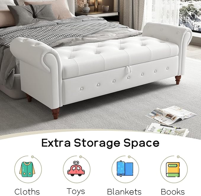 NIOIIKIT 63'' Storage Ottoman Bench, Tufted Entryway Bench White Polyester | Button Tufted End of Bed, Large Storage Space, Rolled Armed Ottoman Couch Long Bench for Bedroom, Living Room, Hallway