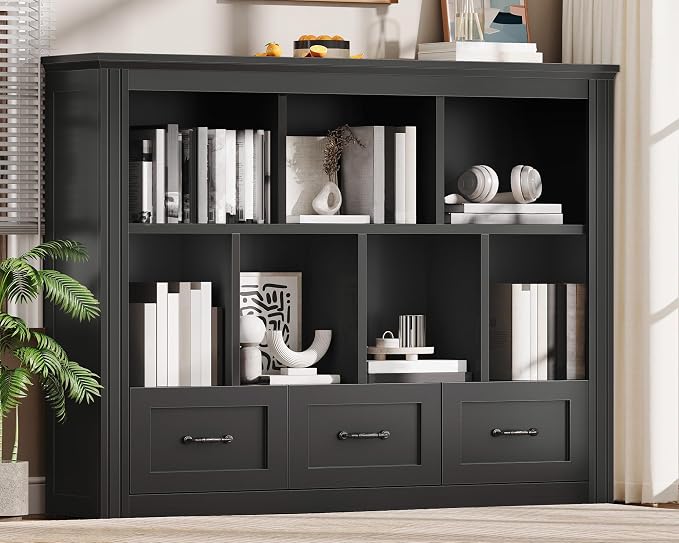 10 Cube Storage Organizer, Wooden Cubby Bookshelf, Cube Shelf Bookcase with 3 Drawers, Farmhouse Short Bookcase, 3 Tiers Floorstanding Open Bookshelf, Display Storage Shelves, Black