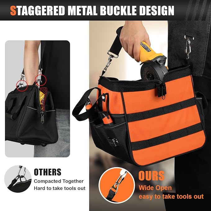 UUP Tool Bag ExtraLarge 20", Heavy Duty Spacious Tool Box Organizer, Orange | 16 Pockets & MOLLE. Detachable Strap & Handle. Non-slip Base, Metal Buckle. 30lb Holds Tools on Truck, Garage, Men Gift.