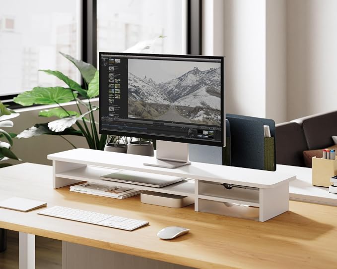 Fenge Monitor Stand, Desk Computer Riser with Frosted Storage Drawer, White | 42.5 Inch Dual Monitor Riser, 2 Tiers, Cable Management, Desk Shelf for 2 Monitors, Ultrawide Screen, Laptop, TV, Home Office
