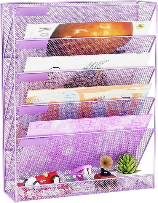 Wall File Organizer Holder Mesh Hanging Paper Document Holder, Vertical 6 Pocket Tier for Office Home, Light Purple