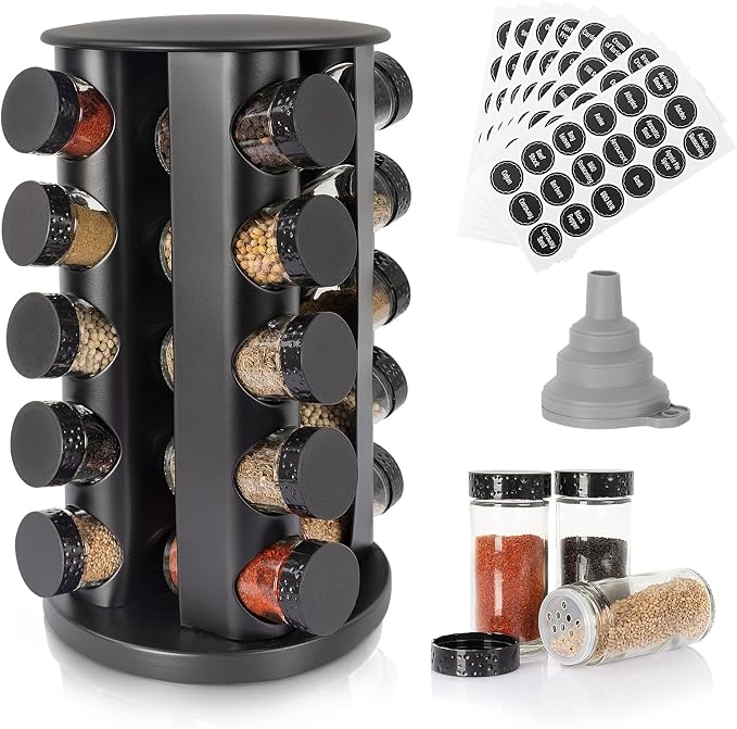 Tianifa Black Countertop Rotating Spice Rack, Round Empty 20-Jars Revolving Spice Rack Organizer, 135 Spice Labels with Funnel Complete Set, for Kitchen Countertop, Cabinet
