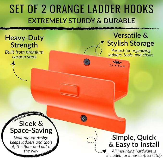 Ladder Hangers for Garage Wall Set of 2 - Orange Hooks for Shed & Garden | Heavy duty hooks, Step stool hanger, tool holder for the workshop, suitable for ladders, wheelbarrows and folding chairs