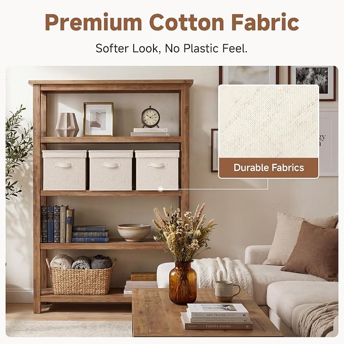 StorageWorks Fabric Storage Bins with Lids, Decorative Storage Bins with Soft Handles, Foldable Storage Baskets for Closet, Shelves, Stackable and Sturdy Organization, Beige, Jumbo, 3-Pack