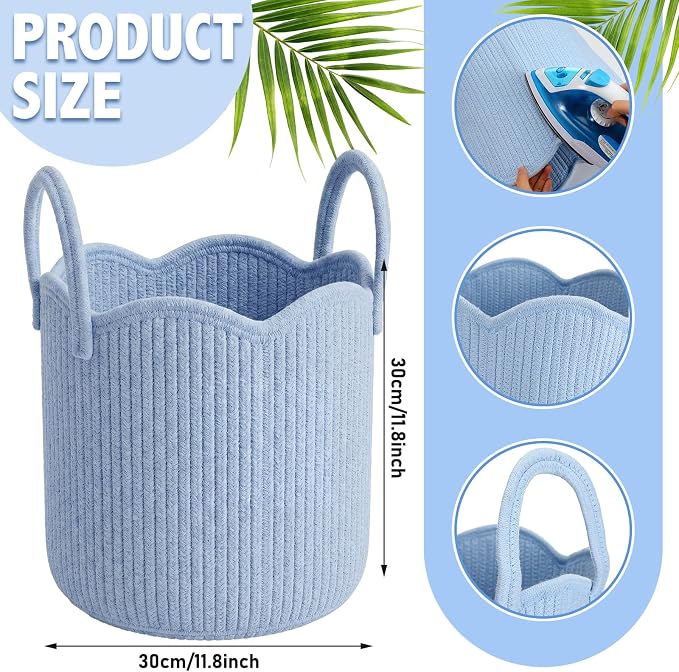 Newtay Blue Scalloped Woven Blanket Basket 12" x 12" x 12" Cotton Rope Laundry Basket Hamper Cute Round Decorative Storage Bin with Handles for Baby Nursery Living Room Bedroom Bathroom