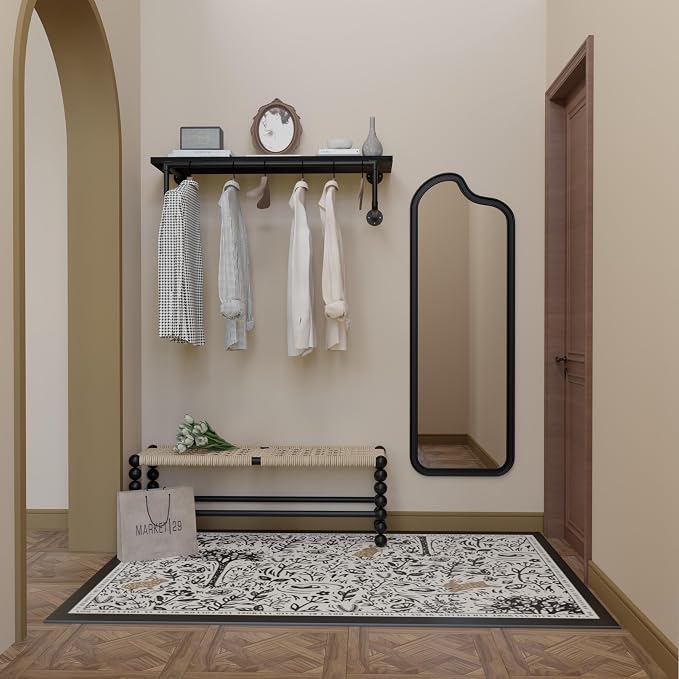 Clothes Rack 36in, Wall Mounted Garment Racks with Real Black Wood Shelf, Heavy Duty Hanging Clothes Rack, Multi-Purpose Hanging Rod, Space-Saving Closet Storage