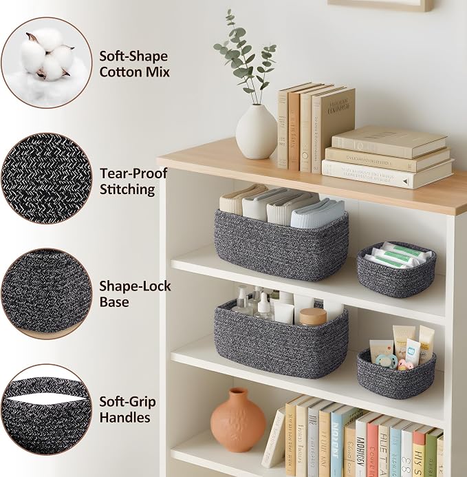 5-Pack Small Woven Rope Storage Baskets, 2 Sizes Organizer Bins | Fabric Cube Boxes and Rectangular Shallow Bins for Closet, Shelf, Bookshelf, Nursery, Changing Table, Bathroom, Toys & Home
