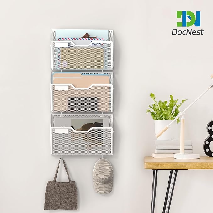 Docnest 6 Pack Mesh Wall File Holders with Hooks for Mail, White | Space-saving vertical design with utility hooks. Ideal paper document organizer for office, home, and school