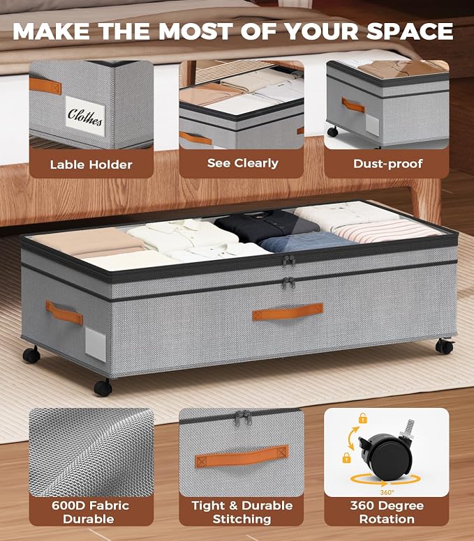 Under Bed Storage with Wheels, 35.5 inches Underbed Storage Large Capacity Under Bed Rolling Containers, 2 Pack Under the Bed Storage for Clothes, Shoes, Blankets (Deep Gray)