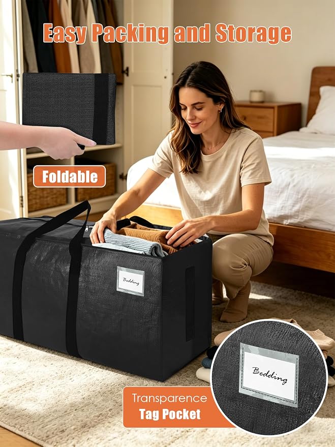 SWEET DOLPHIN 8 Pack 200LB Heavy-Duty Moving Bags with Wrap-Around Handles, Extra Large Storage Totes for Space Saving, Clothes Storage Bags, College Dorm Essentials, Black, 24 Gal