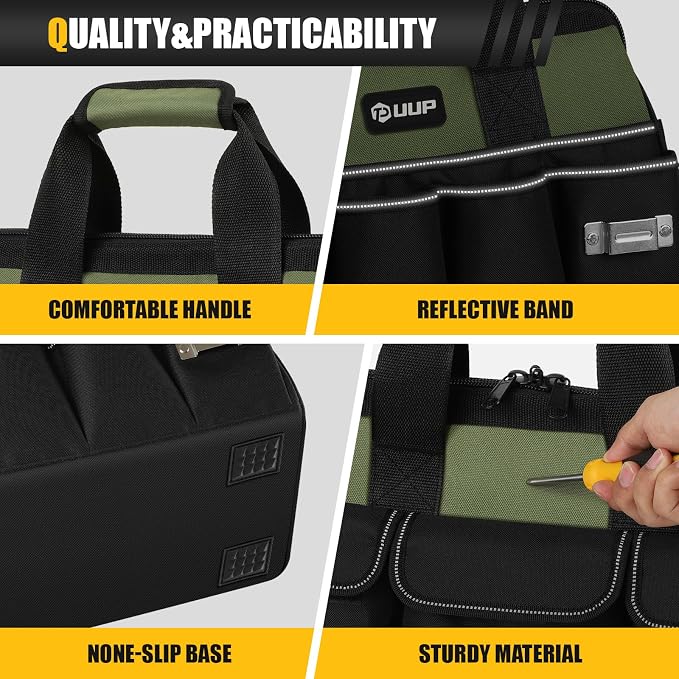 UUP Heavy Duty Tool Bag 15Inch, 16-Pocket Portable Empty Tool Box Organizer | Big Storage Toolbox Organization, Soft Handle Large Zipper Carrying Toolbag, Father Day Gifts for Him Dad Men, Green