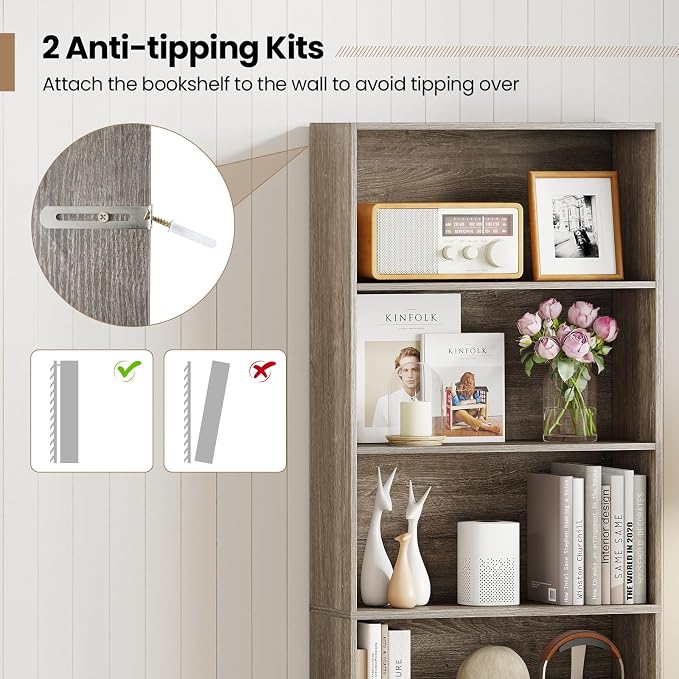 Giantex 6-Tier Bookcase Set of 2, 70" Tall Wooden Bookshelf, Freestanding Storage Organizer w/Open Shelves, Anti-Tipping Kits, Modern Floor Standing Display Shelves for Living Room,Grey