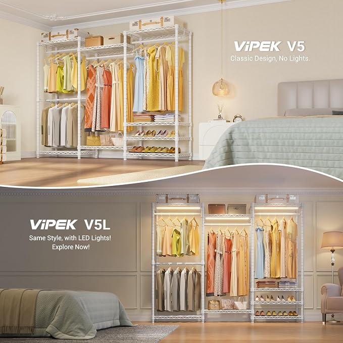 VIPEK V5 Portable Closet Wardrobe Heavy Duty Clothes Rack, Freestanding Clothing Racks with 4 Hang Rods & 8 Shelves, Adjustable Custom Closet Racks, 68.9" L x 15.7" W x 76.4" H, Max Load 890LBS, White