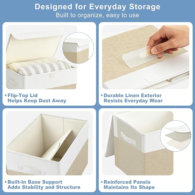 Bagnizer Large 22 Quart Linen Fabric Foldable Storage Bin Cube Organizer Basket with Flip-Top Lid & Handles, Clothes Blanket Box for Home, Office, Closet, Beige & White, 4 Pack 14.6 x 9.5 x 9.5”