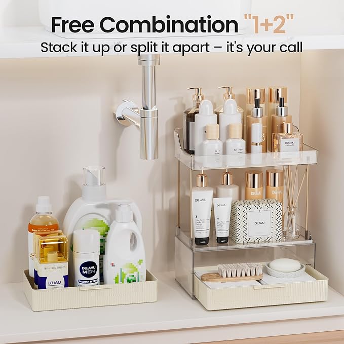 Delamu 4-Tier Makeup Organizer, Bathroom Counter, 2 Drawers,Cream White | Elegant Vanity Organizer Gift for Women, Holds Perfume, Skincare, Nail Polish & Hair Accessories for Bathroom Countertop