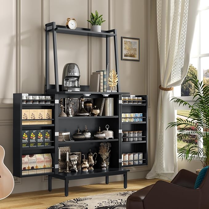 kepptory 51" Kitchen Baker's Rack with Storage, Microwave & Toaster Oven Stand, Freestanding Coffee Bar Station with Wine Glass Holder & Side Storage Shelves, Black