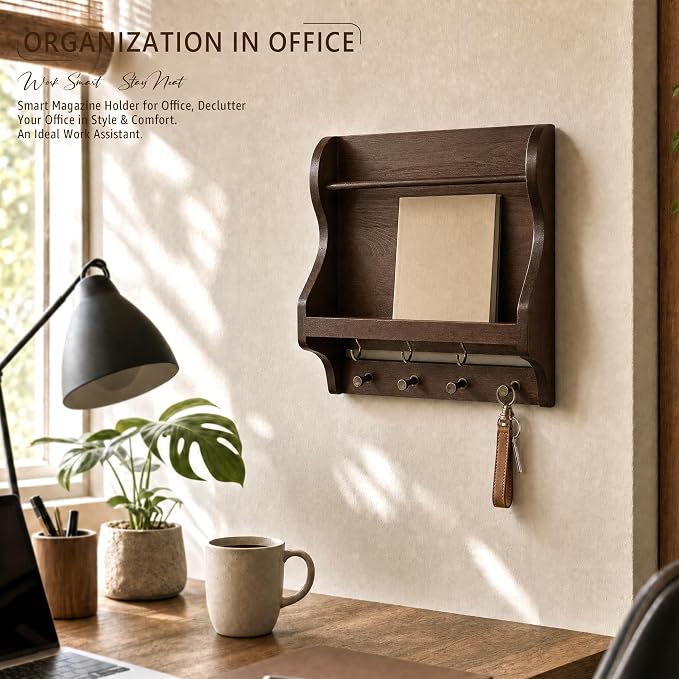 Pine Wood Mail Organizer Wall Mount with 7 Key Hooks for Entryway, Brown | Decorative Mail Holder for Wall, Living Room, Rustic Magazine Holder for Paper, Bill Storage, Home Decor, Apartment Aesthetic