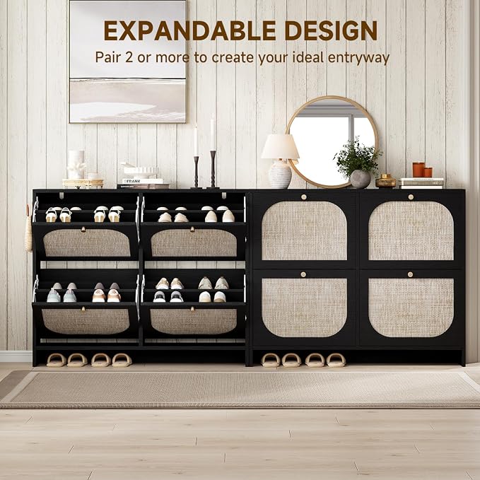 Nicetree Rattan Shoe Cabinet for Entryway, 9.5" Ultra-Thin Narrow Shoe Rack with 4 Flip Drawers, Boho Slim Shoe Storage Organizer with Adjustable Shelves, Anti-Tip Safety, Fits Size 13 Men's Boots
