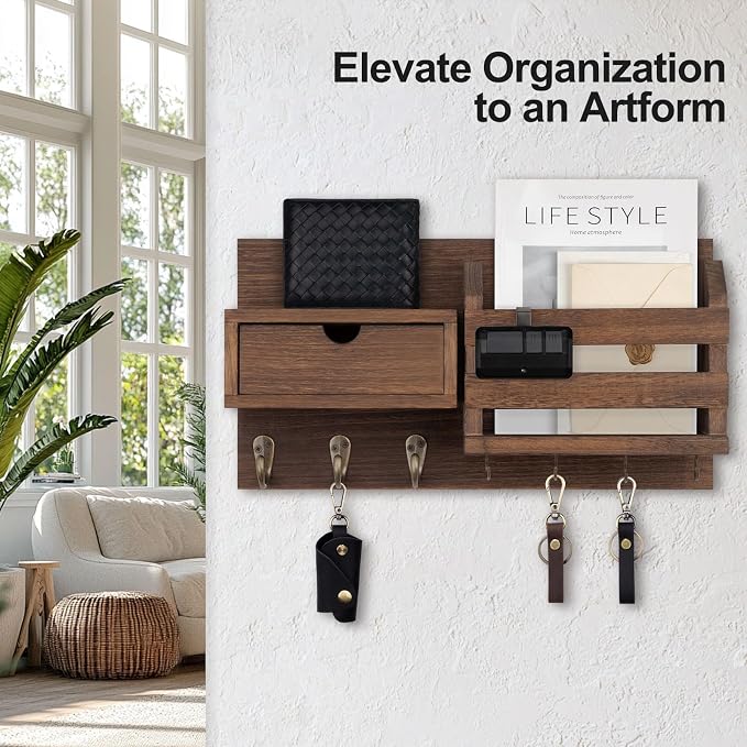 Lwenki Wall Mount Key Holder with Mail Organizer, 100% Paulownia Wood, 7 Metal Hooks, Storage Drawer, Entryway Home Decor (Brown)