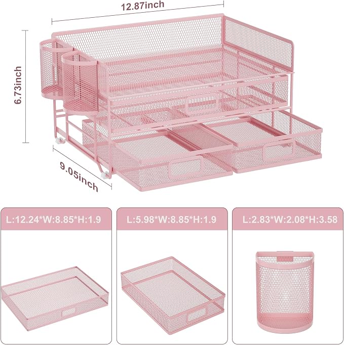 Marbrasse 3 Tier Mesh Desk Organizer with Drawer, Multi-Functional Desk Organizers and Accessories, Paper Letter Organizer with 2 Pen Holder for Home Office Supplies (Pink) | Paper Tray Organizer, File Holder for Desk, Metal Mesh Office Organization fo...