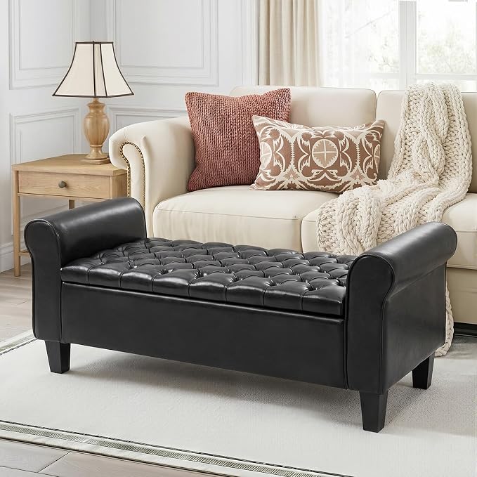 55" Storage Ottoman Bench for Living Room, End of Bed Bench with Rolled Arm Leather Ottoman with Storage Upholstered Entryway Bench Retro Style Footboard Bench for Bedroom, Black