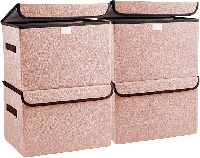 Bagnizer Linen Fabric Foldable Storage Cube Bin Organizer Basket with Flip-Top Lid & Handles, Large Clothes Blanket Box for Home, Office, Closet, Pink, 4 Pack 14.6 x 9.5 x 9.5”