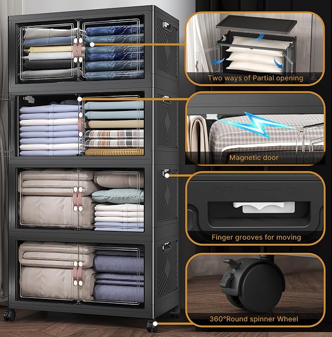 Stackable Storage Bins with Lids, 480QT Closet Organizers and Storage Cabinet with Doors & Wheels, Lockable Plastic Foldable Drawers for Bedroom Dorm Office Garage（120QT*4,Black）