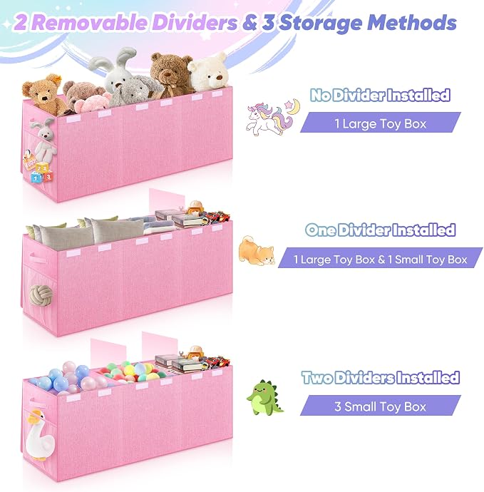 Extra Large Toy Box with Lids, Collapsible Storage Chest, 40"x16"x16" Pink | Sturdy Toy Storage Organizer with Dividers, Toybox for Kids Boys Girls, Bedroom Nursery Playroom Organization