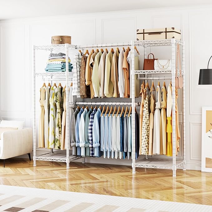 Ulif E7 Heavy Duty Garment Rack, Clothes Organizer and Storage Rack with Expandable Hangers, Metal Clothing Rack with 6 Wire Shelves, (52.3"-72") W x 14.5" D x 71.2" H, Load 838 LBS, White | Freestanding Closet System with 2 Extendable Rods and 6 Shelv...