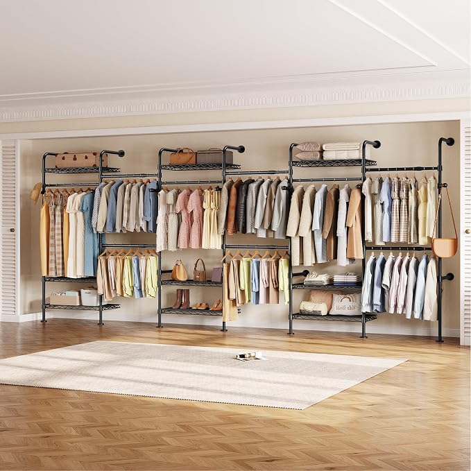 Closet Organizers and Storage, 6-Row Heavy Duty Clothes Rack for Hanging Clothes, Wall Mounted Closet System with 6 Telescopic Rods, 3 Fixed Rods, 7 Hooks, 9 Shelves for Wardrobe, Bedroom, Small Space